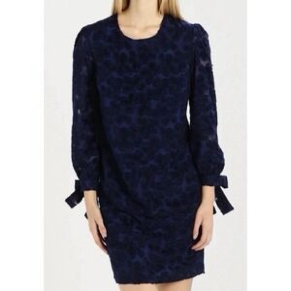 Banana Republic lace/chiffon navy blue dress with bow tie long sleeves size 14